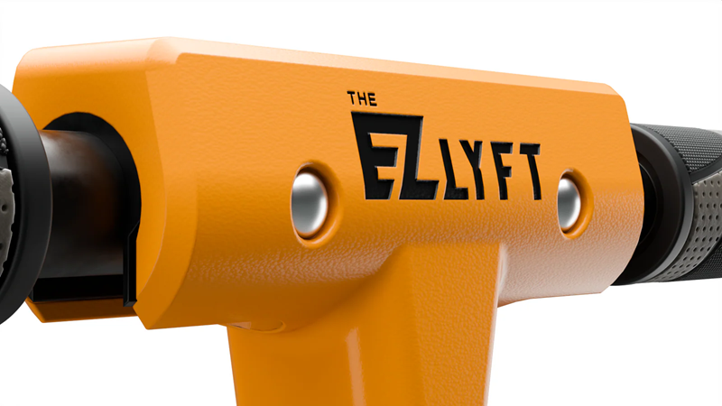 EZLyft orange T-bar handle and ergonomic rubber grip — patent-pending design close-up detail