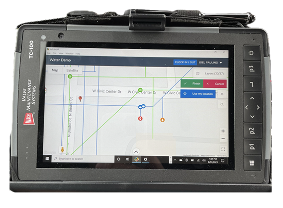 infraMAP GIS map interface showing utility assets on a rugged field tablet