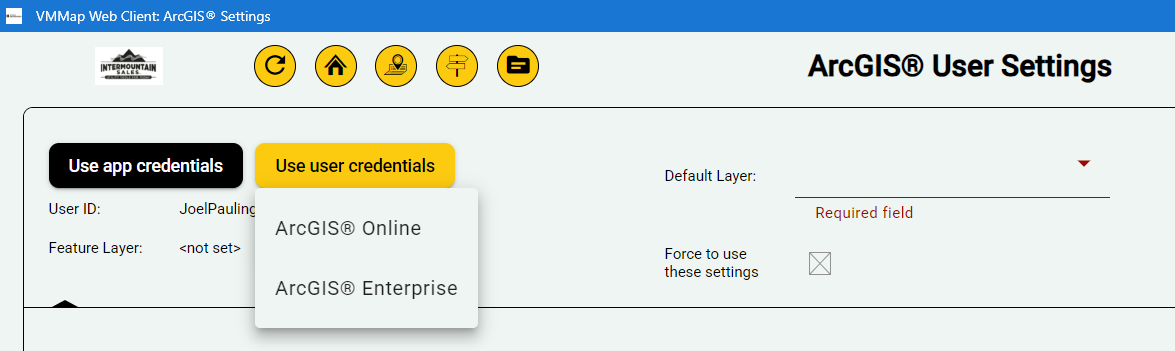 VMMap Pro account settings showing the ArcGIS Enterprise integration connection