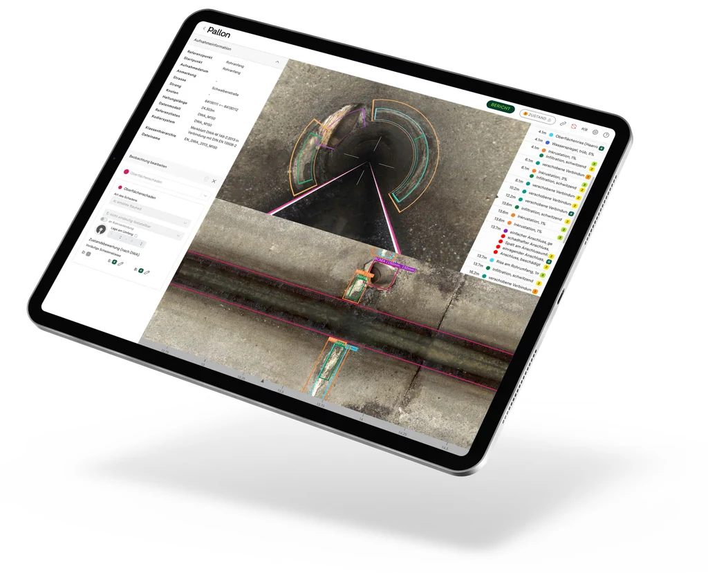 Pallon web app on a tablet showing a manhole with AI coded defects outlined on the video and listed with MACP codes