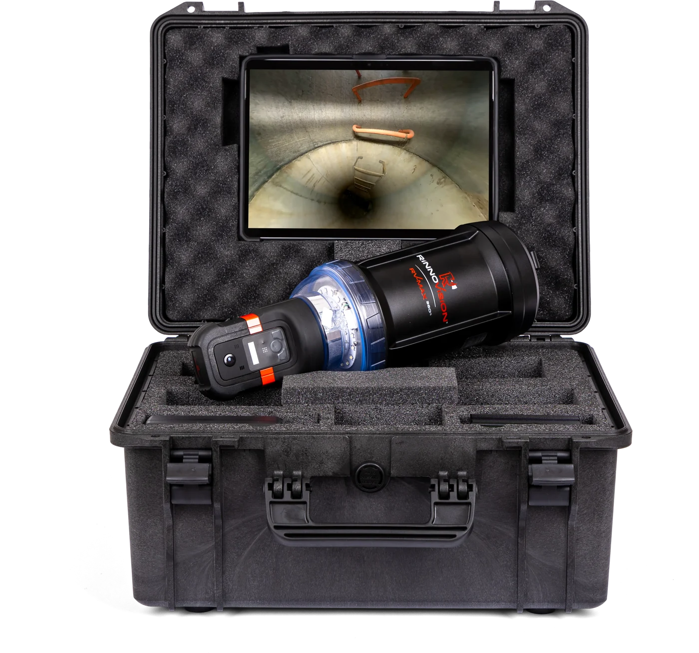 RinnoVision RV-MAX 360 manhole camera in its rugged transport case with the tablet showing a 360 degree view down a manhole