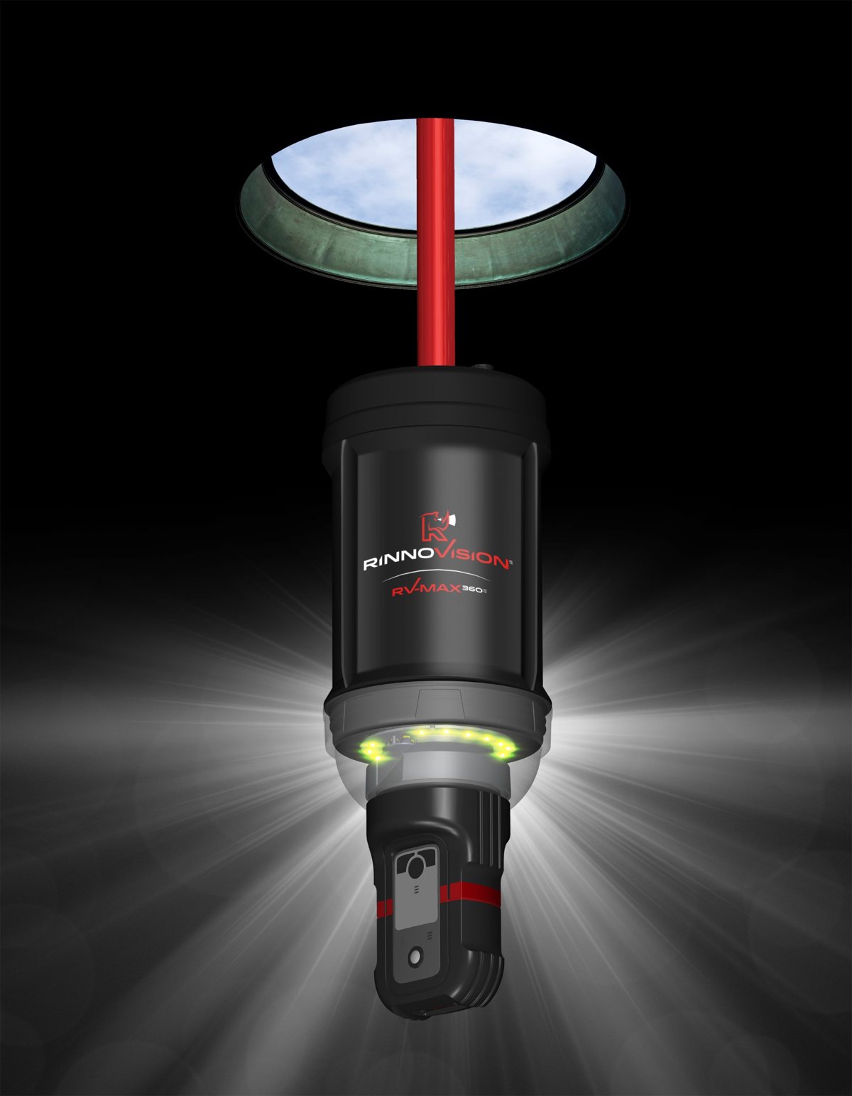 RinnoVision RV-MAX 360 manhole inspection camera lowered through an open manhole with its 360 degree lighting on